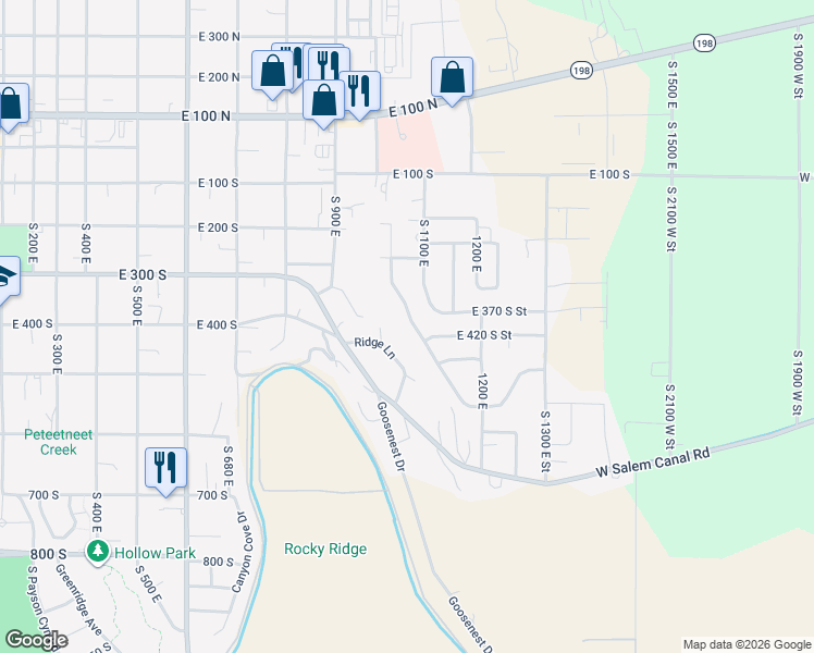 map of restaurants, bars, coffee shops, grocery stores, and more near 372 South Loafer View Drive in Payson