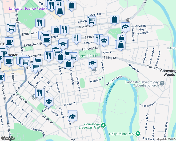map of restaurants, bars, coffee shops, grocery stores, and more near 732 East End Avenue in Lancaster