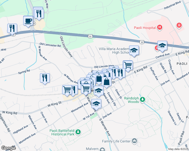 map of restaurants, bars, coffee shops, grocery stores, and more near 205 East Broad Street in Malvern