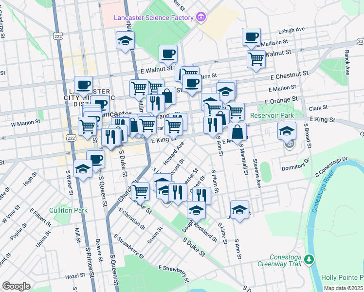 map of restaurants, bars, coffee shops, grocery stores, and more near 31 Howard Avenue in Lancaster