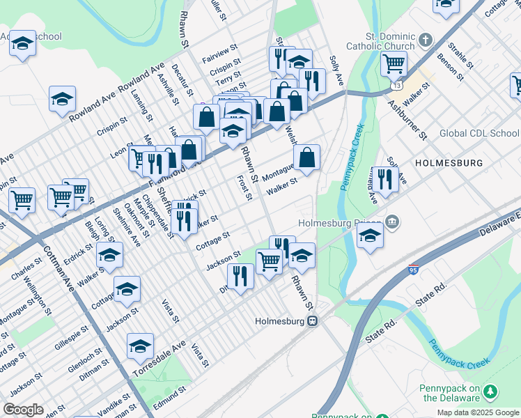 map of restaurants, bars, coffee shops, grocery stores, and more near 4312 Rhawn Street in Philadelphia