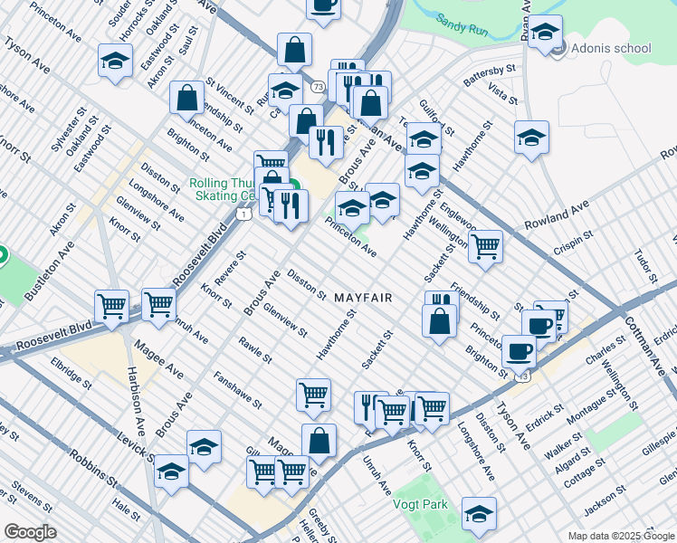 map of restaurants, bars, coffee shops, grocery stores, and more near 3005 Tyson Avenue in Philadelphia