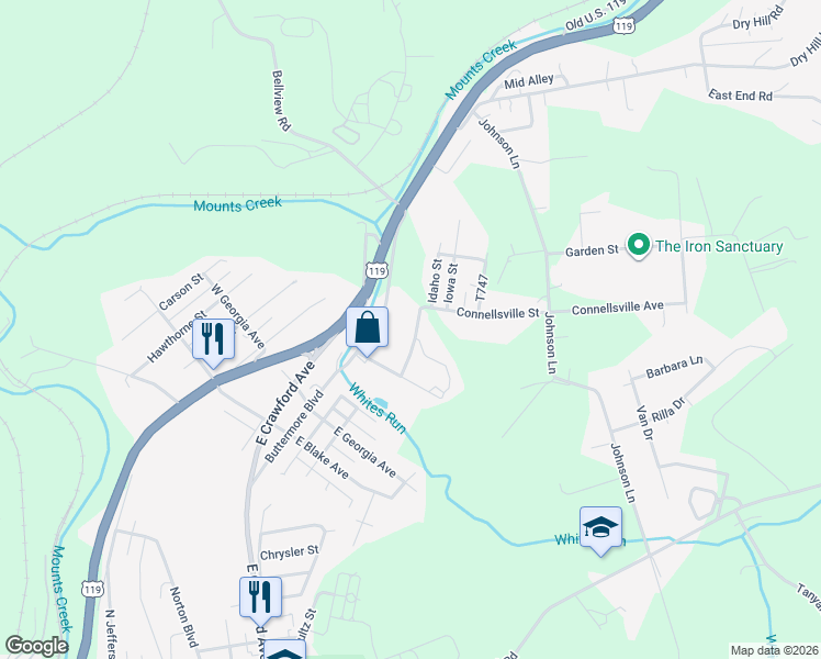 map of restaurants, bars, coffee shops, grocery stores, and more near 1802 Kentucky Ave in Connellsville