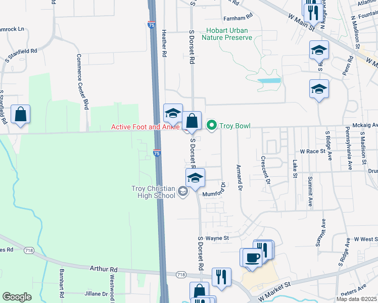 map of restaurants, bars, coffee shops, grocery stores, and more near 1586 Mckaig Avenue in Troy
