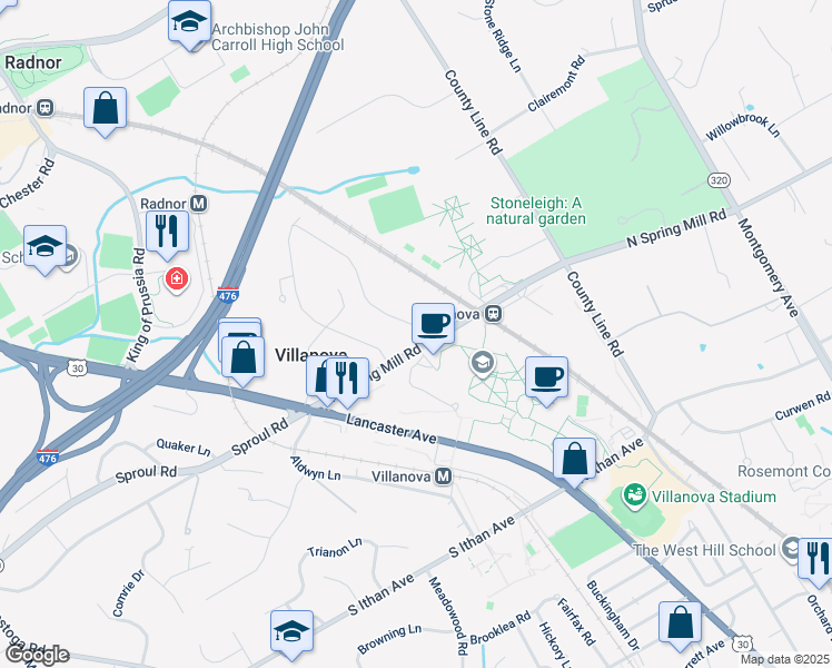 map of restaurants, bars, coffee shops, grocery stores, and more near 208 Hilldale Road in Villanova