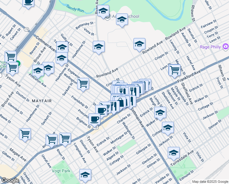 map of restaurants, bars, coffee shops, grocery stores, and more near 3447 Cottman Ave in Philadelphia