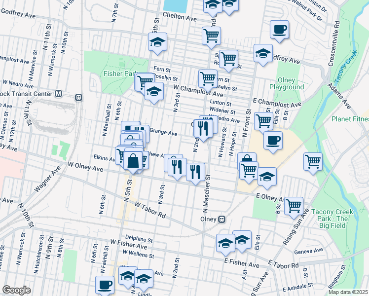 map of restaurants, bars, coffee shops, grocery stores, and more near 5721 North American Street in Philadelphia