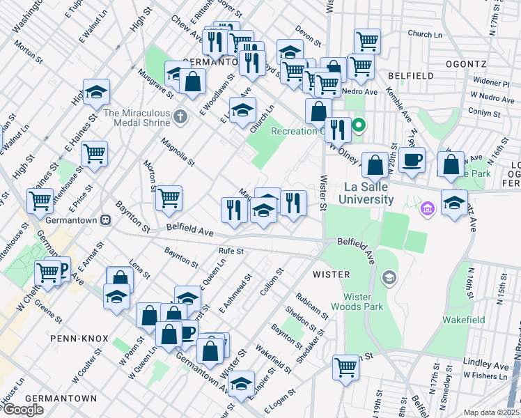 map of restaurants, bars, coffee shops, grocery stores, and more near 497 East Penn Street in Philadelphia