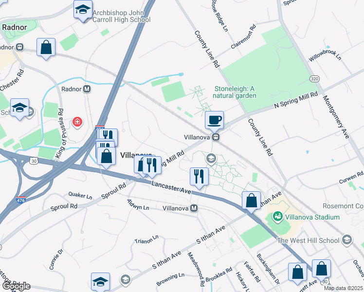 map of restaurants, bars, coffee shops, grocery stores, and more near 208 Hilldale Road in Villanova