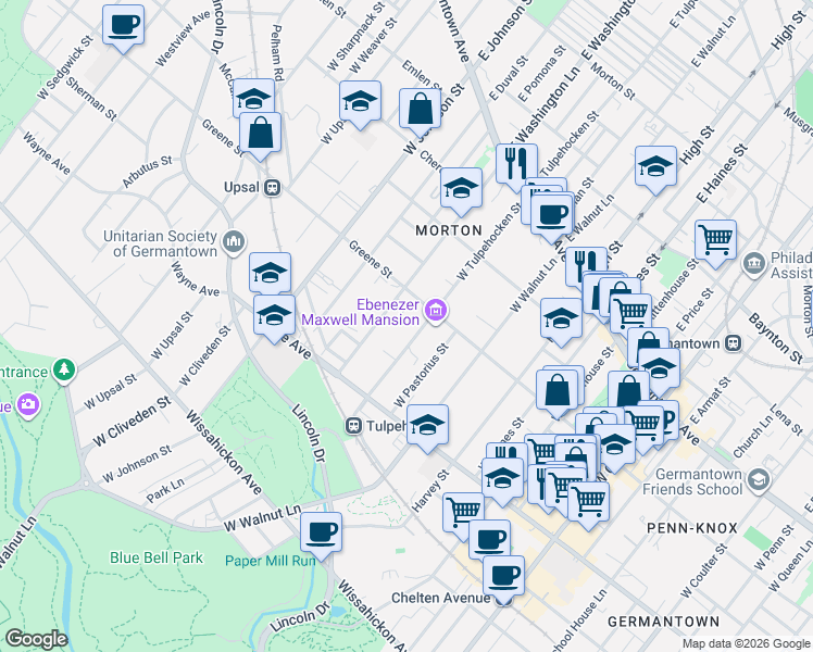 map of restaurants, bars, coffee shops, grocery stores, and more near 225 West Tulpehocken Street in Philadelphia