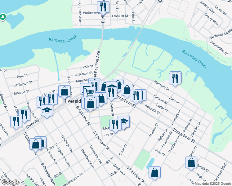 map of restaurants, bars, coffee shops, grocery stores, and more near 209 Bridgeboro Street in Riverside