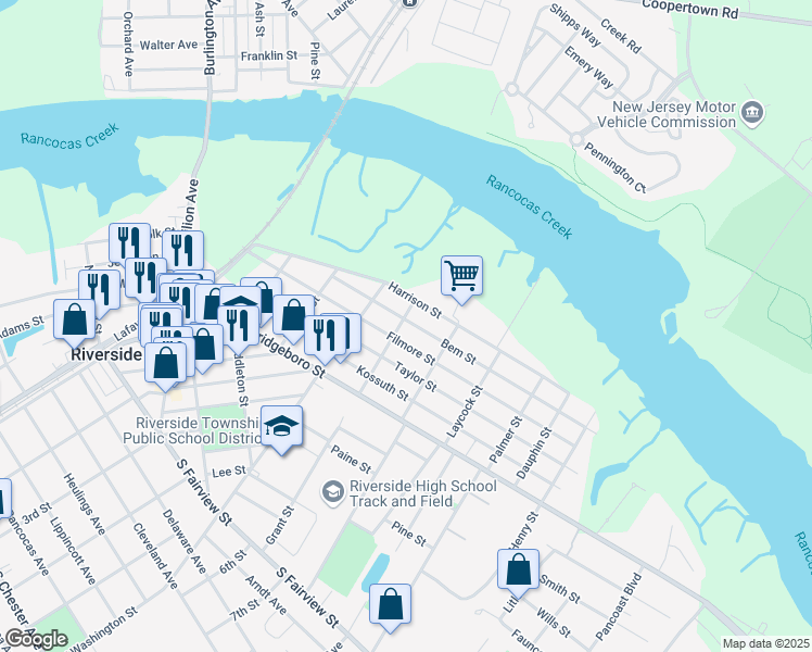 map of restaurants, bars, coffee shops, grocery stores, and more near 406 Leach Street in Riverside