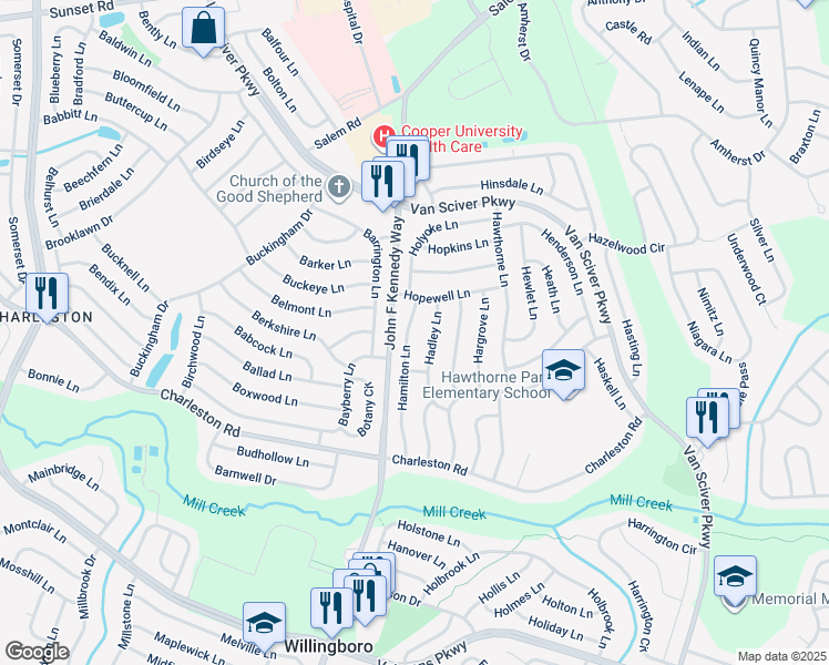 map of restaurants, bars, coffee shops, grocery stores, and more near 68 Hamilton Lane in Willingboro