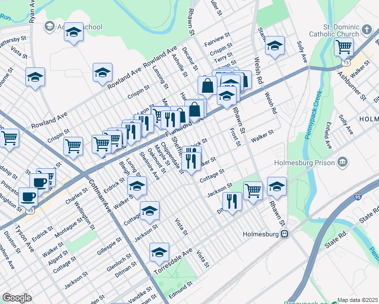 map of restaurants, bars, coffee shops, grocery stores, and more near 4210 Meridian Street in Philadelphia