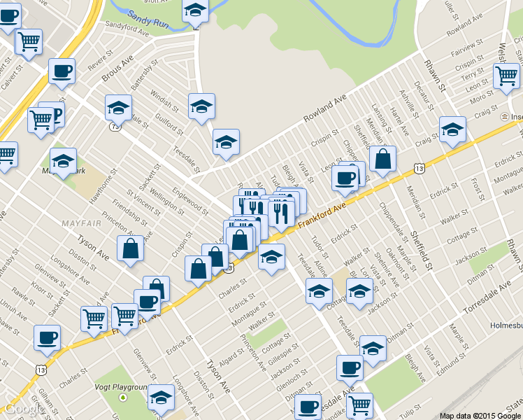 map of restaurants, bars, coffee shops, grocery stores, and more near 3452 Ryan Avenue in Philadelphia