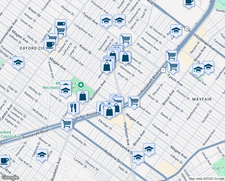 map of restaurants, bars, coffee shops, grocery stores, and more near 2141 Fanshawe Street in Philadelphia