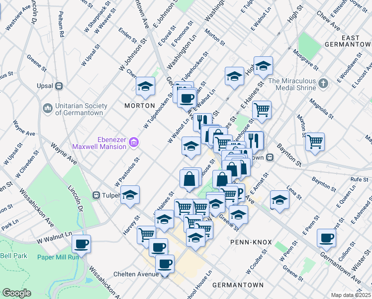 map of restaurants, bars, coffee shops, grocery stores, and more near 48 Harvey Street in Philadelphia