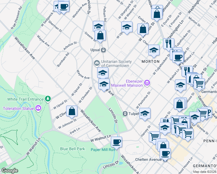 map of restaurants, bars, coffee shops, grocery stores, and more near 6335 Wayne Avenue in Philadelphia