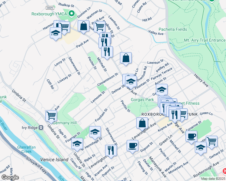 map of restaurants, bars, coffee shops, grocery stores, and more near 409 Delmar Street in Philadelphia