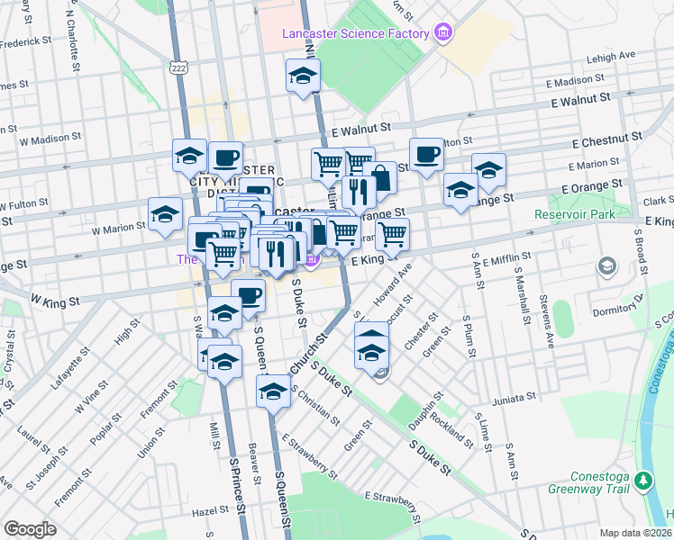 map of restaurants, bars, coffee shops, grocery stores, and more near 150 East King Street in Lancaster