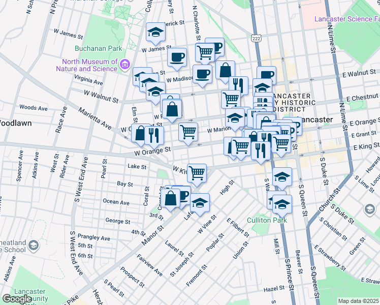map of restaurants, bars, coffee shops, grocery stores, and more near 37 North Mary Street in Lancaster