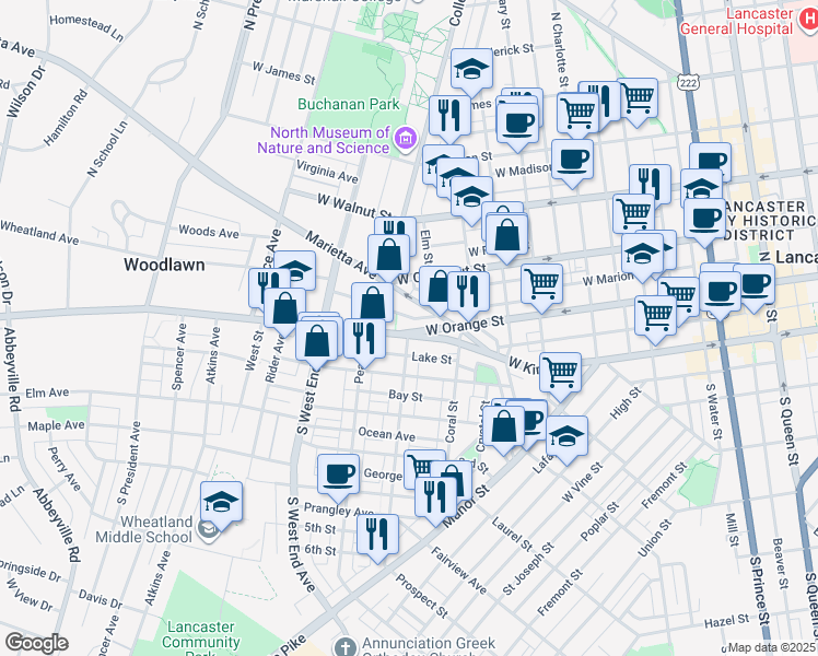 map of restaurants, bars, coffee shops, grocery stores, and more near 665 Columbia Avenue in Lancaster