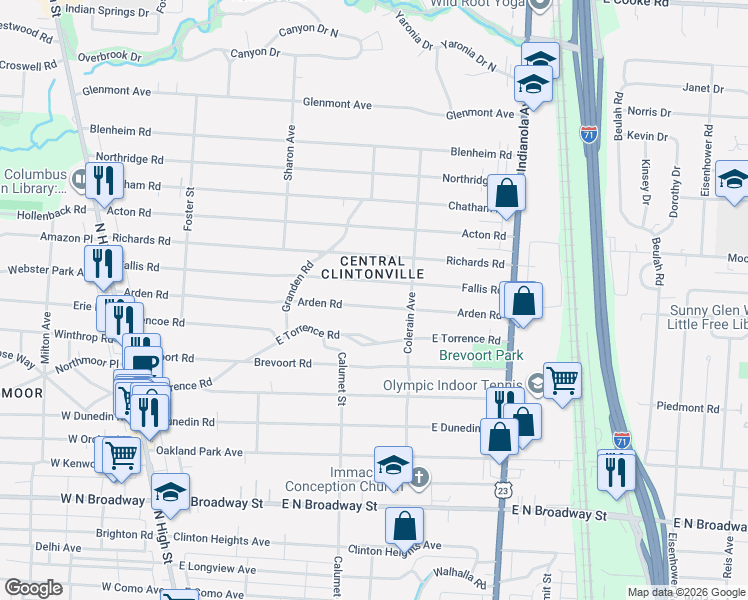 map of restaurants, bars, coffee shops, grocery stores, and more near 377 Arden Road in Columbus