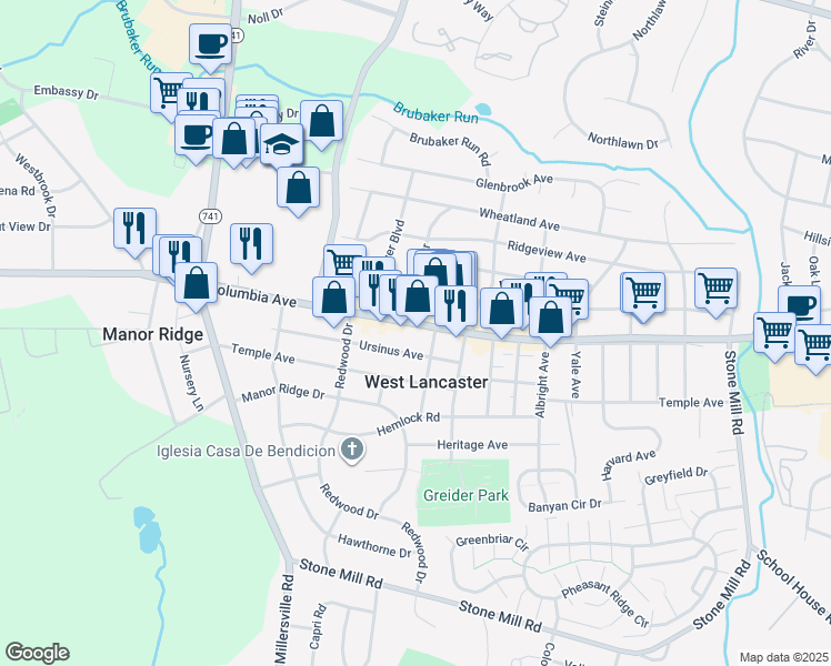 map of restaurants, bars, coffee shops, grocery stores, and more near 1820 Columbia Avenue in Lancaster