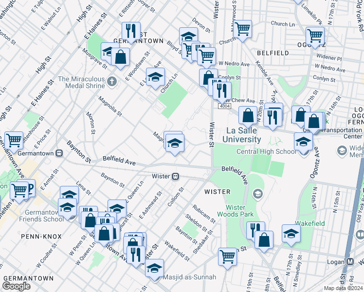 map of restaurants, bars, coffee shops, grocery stores, and more near 522 East Queen Lane in Philadelphia