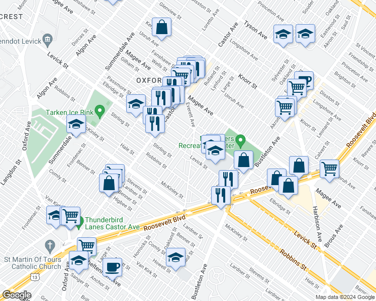map of restaurants, bars, coffee shops, grocery stores, and more near 1511 Levick Street in Philadelphia