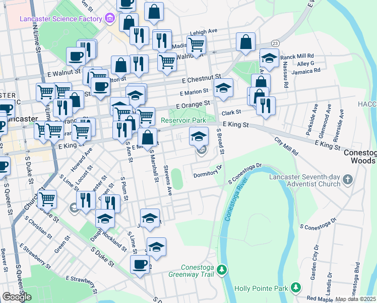 map of restaurants, bars, coffee shops, grocery stores, and more near 732 East End Avenue in Lancaster