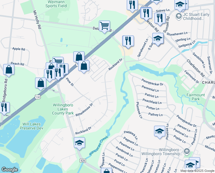 map of restaurants, bars, coffee shops, grocery stores, and more near 60 Rockland Drive in Willingboro