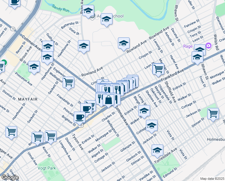 map of restaurants, bars, coffee shops, grocery stores, and more near 3510 Aldine Street in Philadelphia