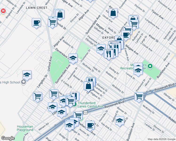 map of restaurants, bars, coffee shops, grocery stores, and more near 1301 Devereaux Avenue in Philadelphia