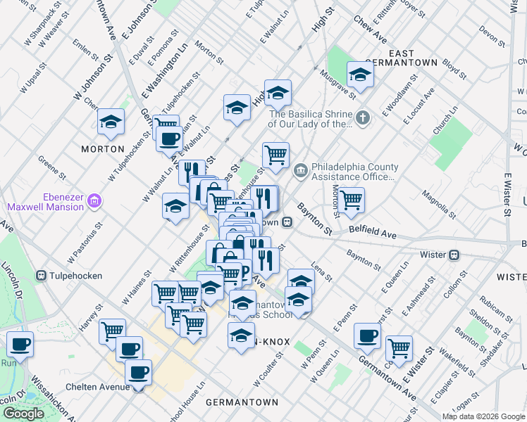 map of restaurants, bars, coffee shops, grocery stores, and more near 108 East Price Street in Philadelphia