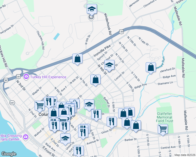 map of restaurants, bars, coffee shops, grocery stores, and more near 814 Walnut Street in Columbia