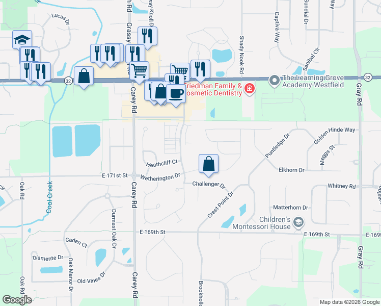 map of restaurants, bars, coffee shops, grocery stores, and more near 17213 Gunther Boulevard in Westfield