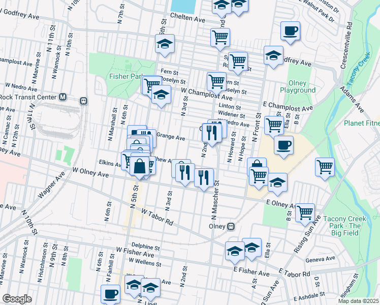 map of restaurants, bars, coffee shops, grocery stores, and more near 5721 North American Street in Philadelphia