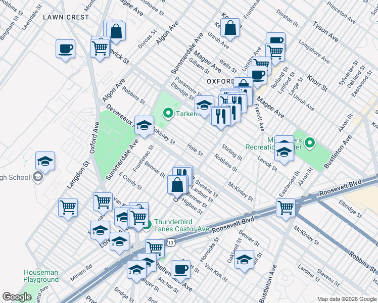 map of restaurants, bars, coffee shops, grocery stores, and more near 1301 Devereaux Avenue in Philadelphia