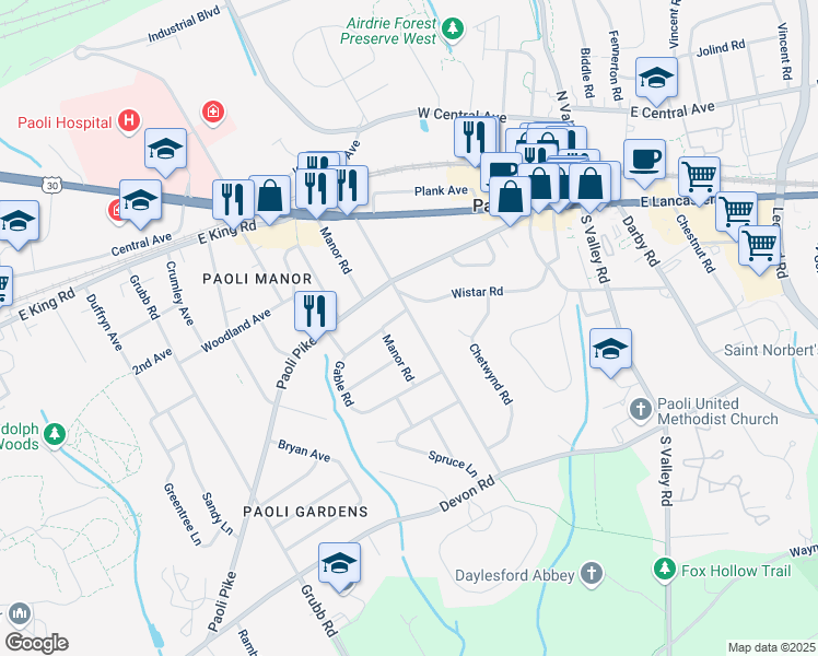 map of restaurants, bars, coffee shops, grocery stores, and more near 110 South Cedar Hollow Road in Paoli