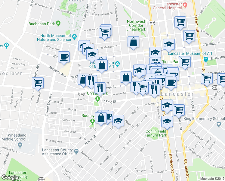 map of restaurants, bars, coffee shops, grocery stores, and more near 37 North Mary Street in Lancaster