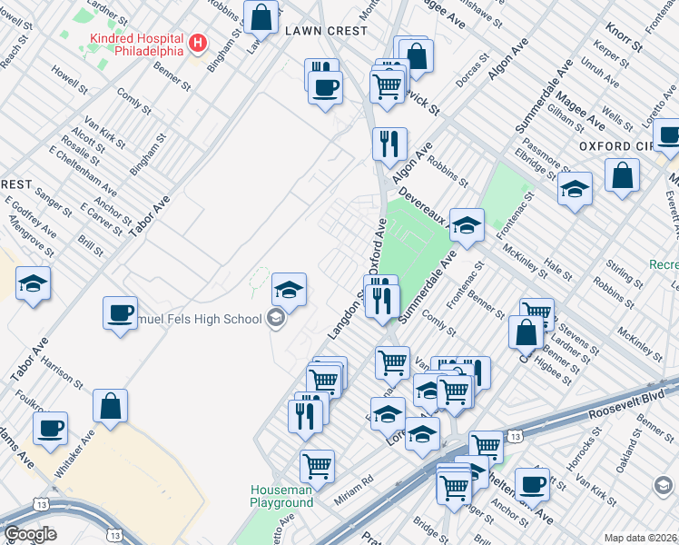 map of restaurants, bars, coffee shops, grocery stores, and more near 5911 Andale Street in Philadelphia