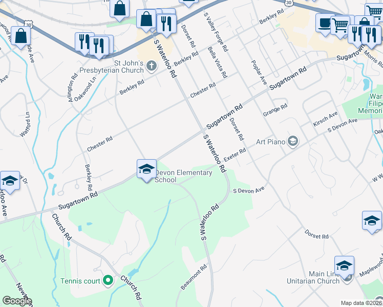 map of restaurants, bars, coffee shops, grocery stores, and more near 222 Sugartown Road in Devon