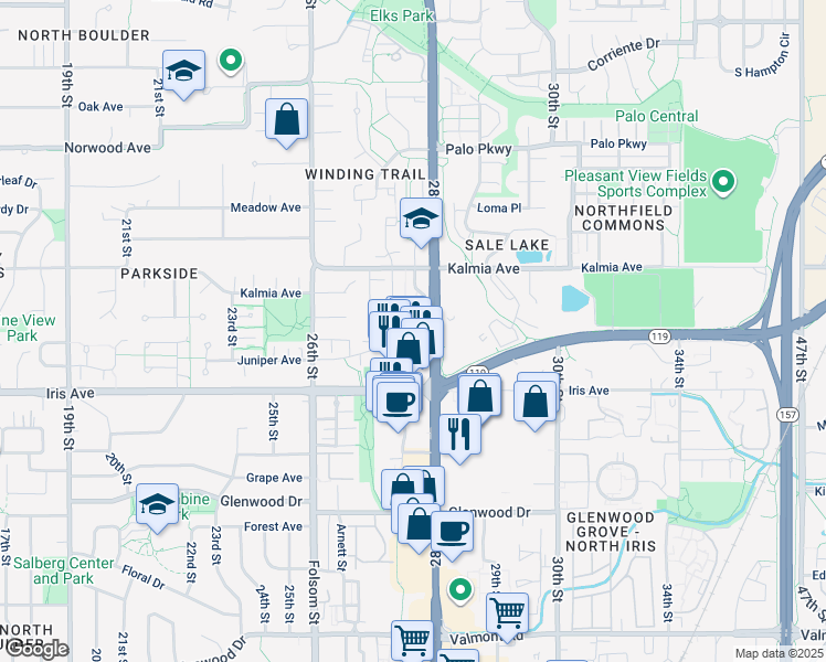 map of restaurants, bars, coffee shops, grocery stores, and more near 3515 28th St in Boulder