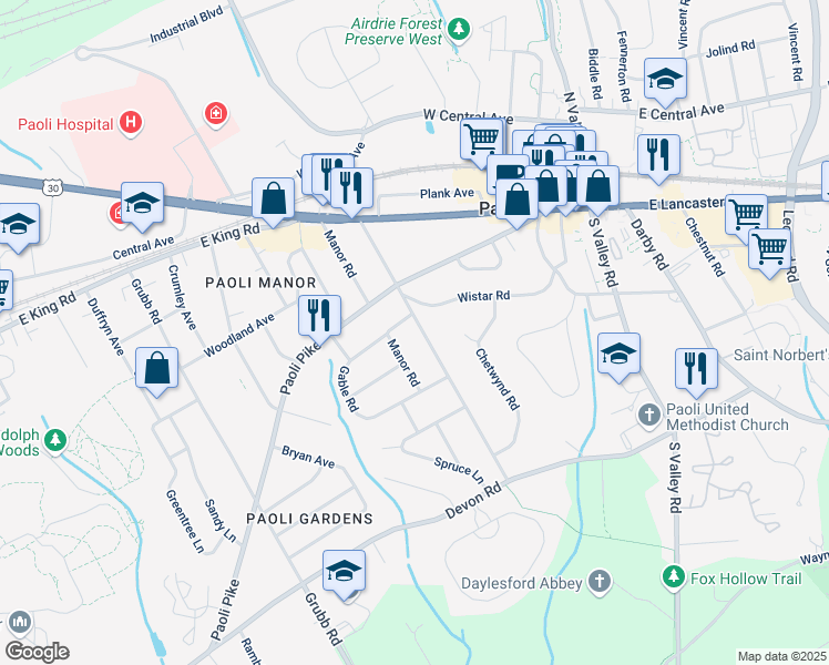 map of restaurants, bars, coffee shops, grocery stores, and more near 110 South Cedar Hollow Road in Paoli