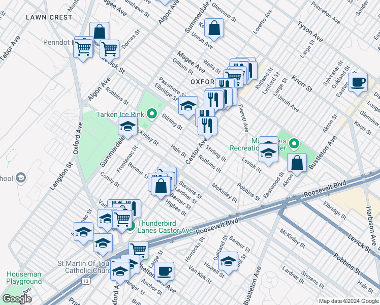 map of restaurants, bars, coffee shops, grocery stores, and more near 1340 Robbins Street in Philadelphia