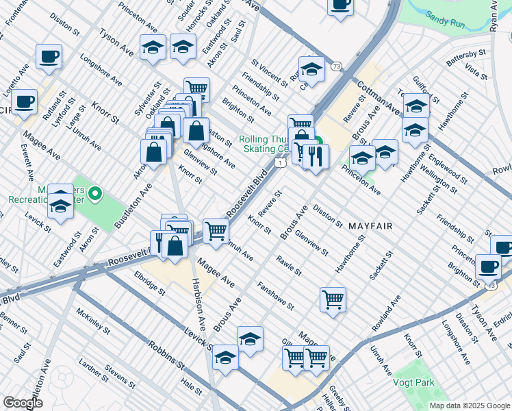 map of restaurants, bars, coffee shops, grocery stores, and more near 6821 Roosevelt Boulevard in Philadelphia