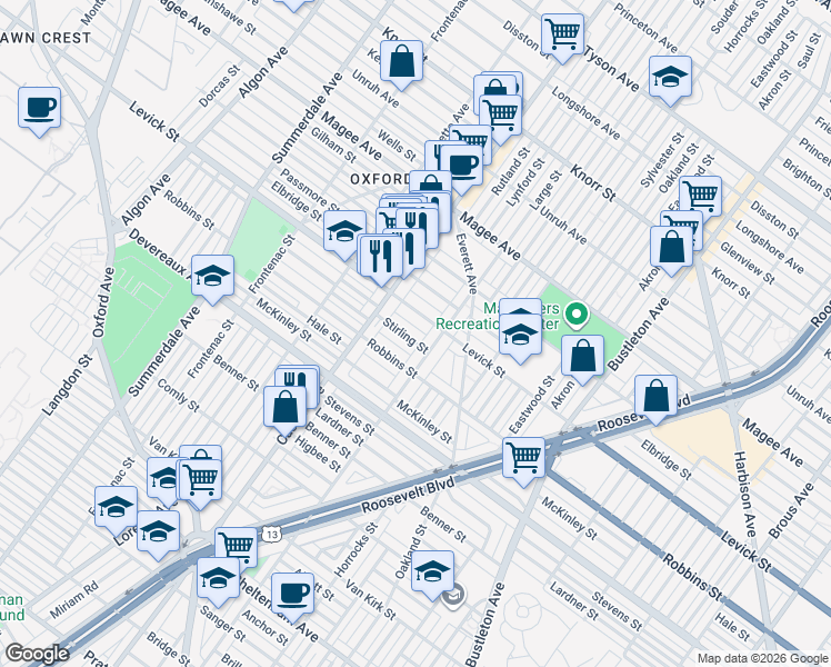 map of restaurants, bars, coffee shops, grocery stores, and more near 1453 Stirling Street in Philadelphia