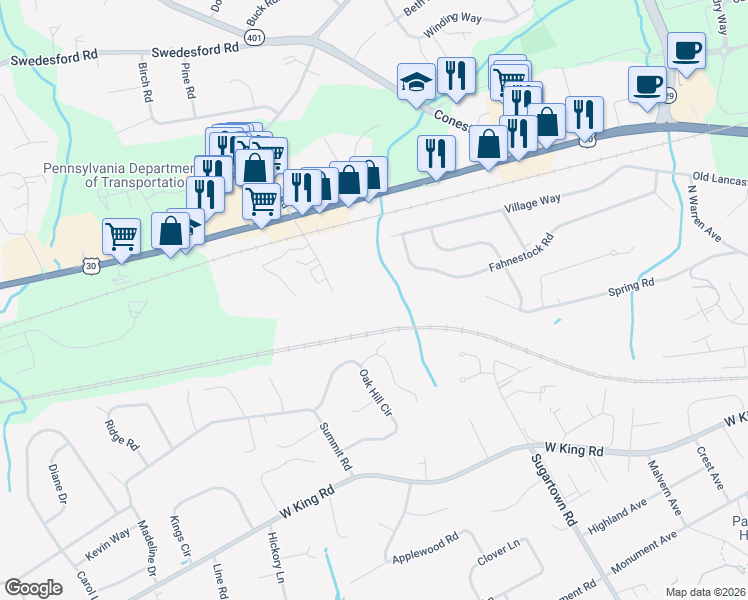 map of restaurants, bars, coffee shops, grocery stores, and more near 9 South Malin Road in Malvern