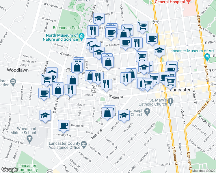 map of restaurants, bars, coffee shops, grocery stores, and more near 538 West Orange Street in Lancaster